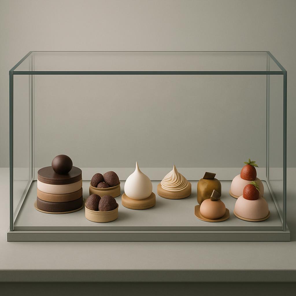 Fine-detailed dessert glassware setup composed of brown chocolate and white creamy details.