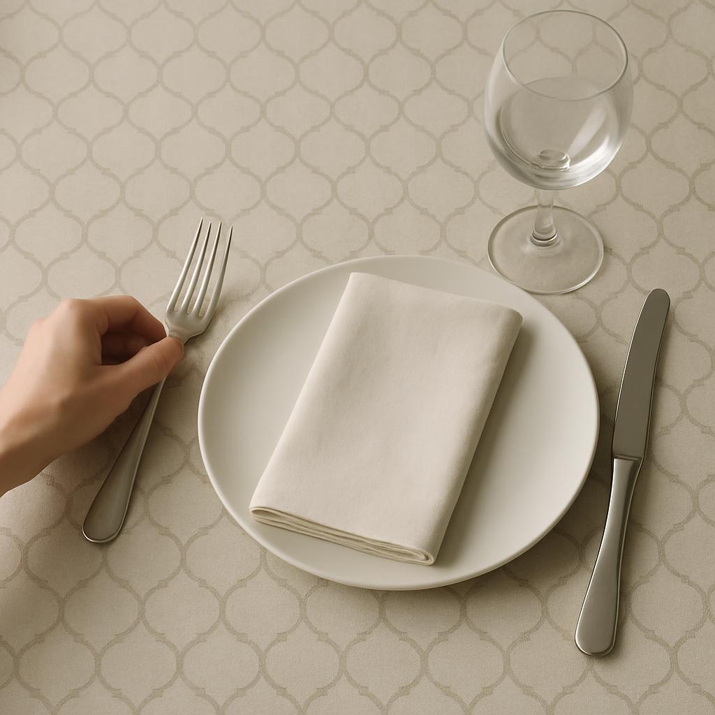 A hand adjusting a fine dining table setting with a white plate, neatly folded napkin, silverware, and a glass, sitting on...