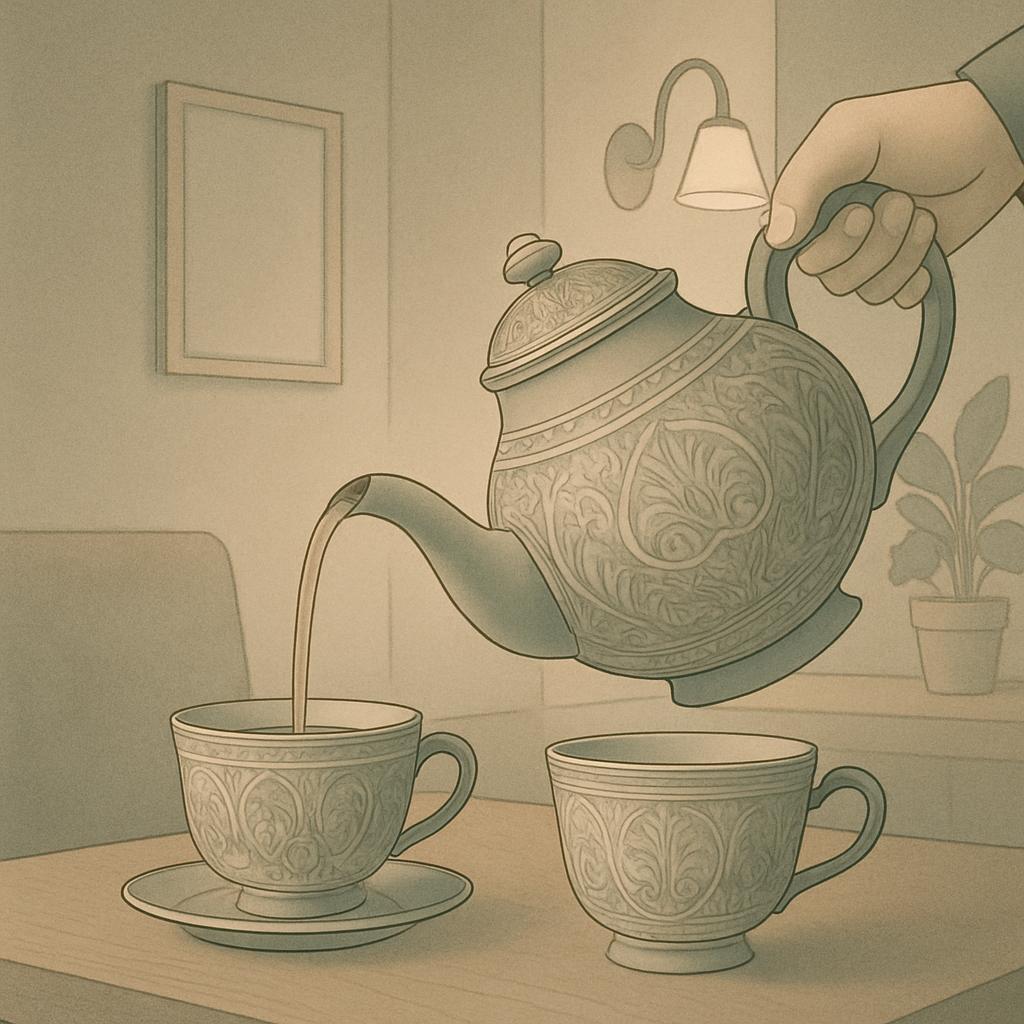 A hand pours tea from a teapot into a cup on a table next to another cup.