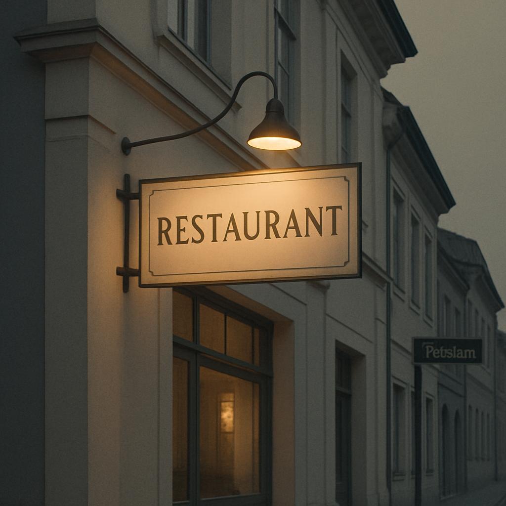 A sign for a restaurant is displayed on the wall of a building. The sign is rectangular and beige with a darker border, an...